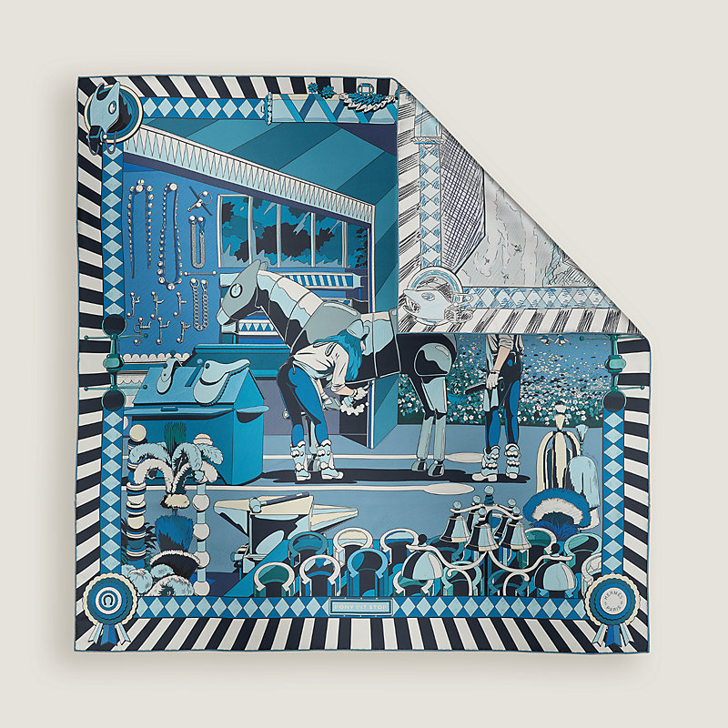 HERMESエルメスPRINGS シルクスカーフ 青白 馬車 Pony Pit Stop double face scarf 90 - Blue | Hermès USA